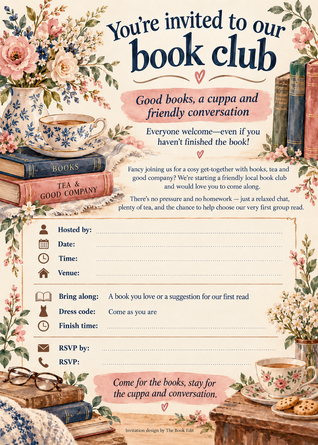 Watercolour book club invitation with flowers, books, teacups and blank event details